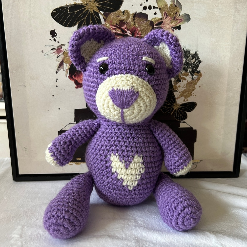 Purple Crochet Teddy Bear with Heart